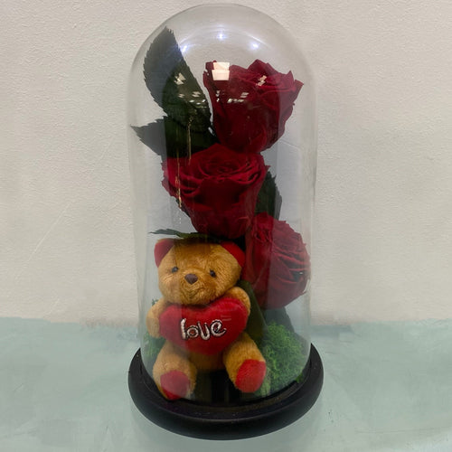 Teddy bear with a heart-shaped 'love' pillow under a glass dome with red roses on a light blue surface.