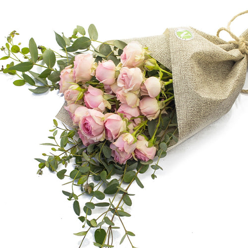 Bouquet of pink roses wrapped in burlap on a white background